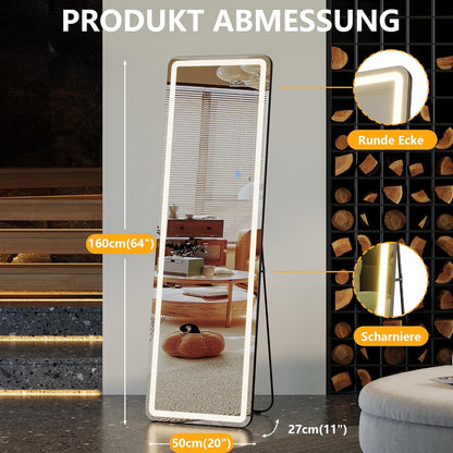 Staande Spiegel LED – Lange Spiegel – Grote Wandspiegel – Volledige Lengte Passpiegel – Vloerspiegel Vrijstaand – 160 x 50 cm – Dimbare 3-kleur LED Verlichting – Robuust Aluminium Frame