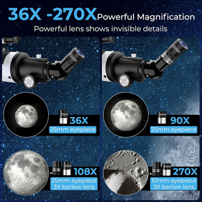 FAMIROSA Telescoop voor volwassenen astronomie, 90 mm diafragma 900 mm refractortelescopen voor kinderen en beginners, vergroting 36X-270X, met telefoonadapter, statief en draagtas (wit)