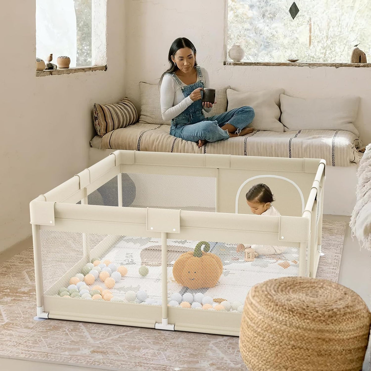 Fodoss Baby Playpen, 120 x 120 cm, Modular and Foldable, Beige with Children's Design, This Large Playpen is Perfect for Home, Beige - QUORE