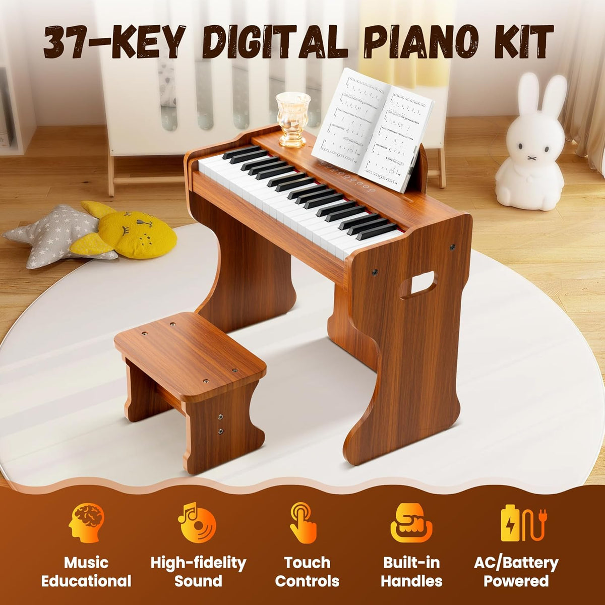 Houten Keyboard Voor Kinderen – Kinderpiano, Digitale Piano, Speelgoed Piano, Mini Keyboard – 37 Toetsen En 3 Octaven – 128 Geluiden, 128 Ritmes En 23 Demo Songs