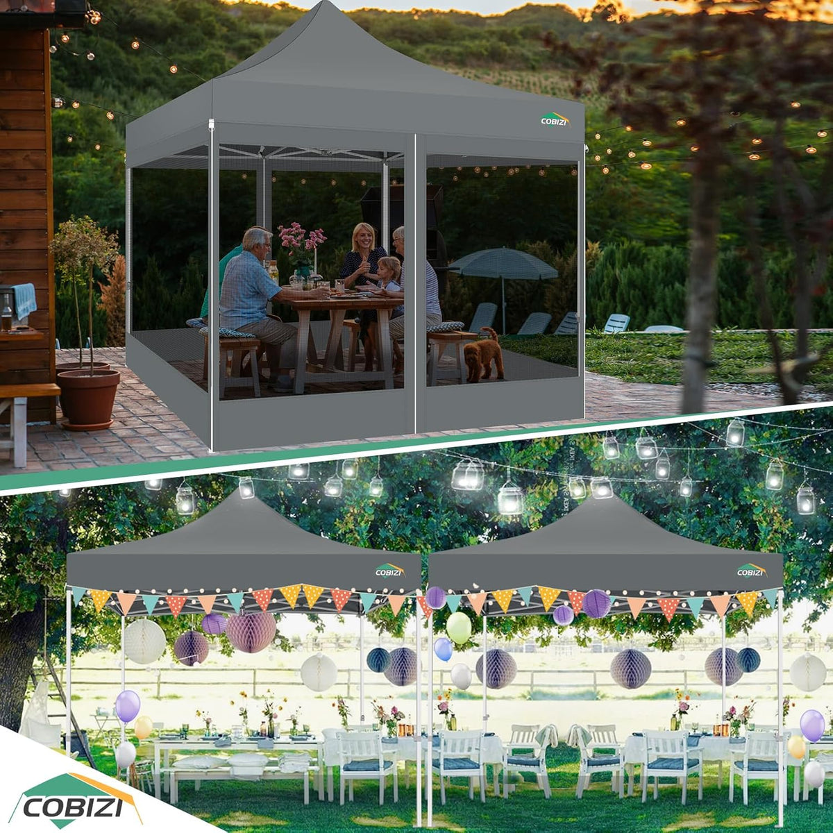 COBIZI Paviljoen, 3x3, vouwpaviljoen, waterdicht, stabiel, partytent, tuinpaviljoen, uv-bescherming met 4 zijwanden van mesh, grijs