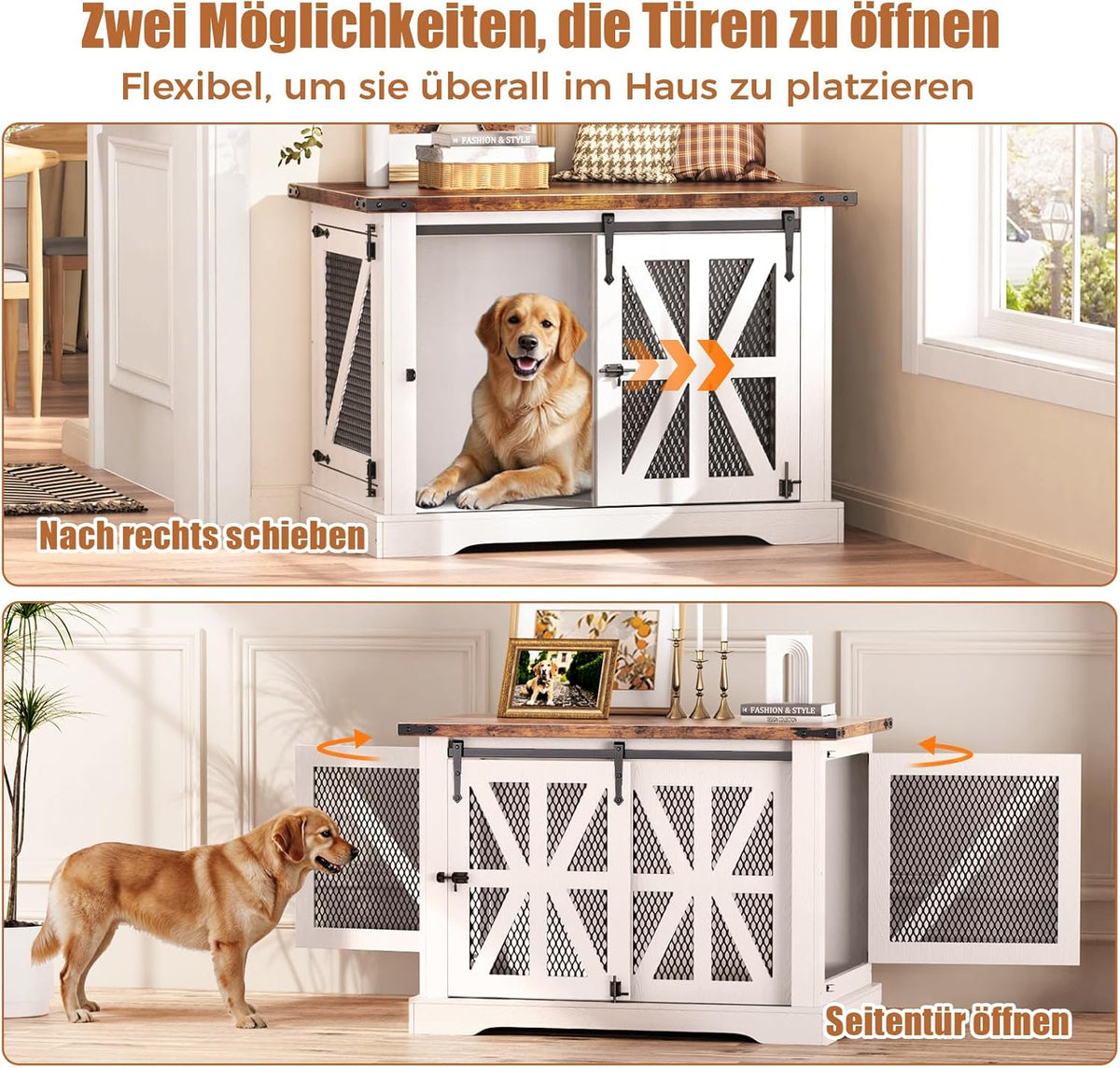 Hondenbench, 109 cm, hondenkooi voor thuisgebruik, dubbel deurdesign, boerderijstijl, hondenbench, wit