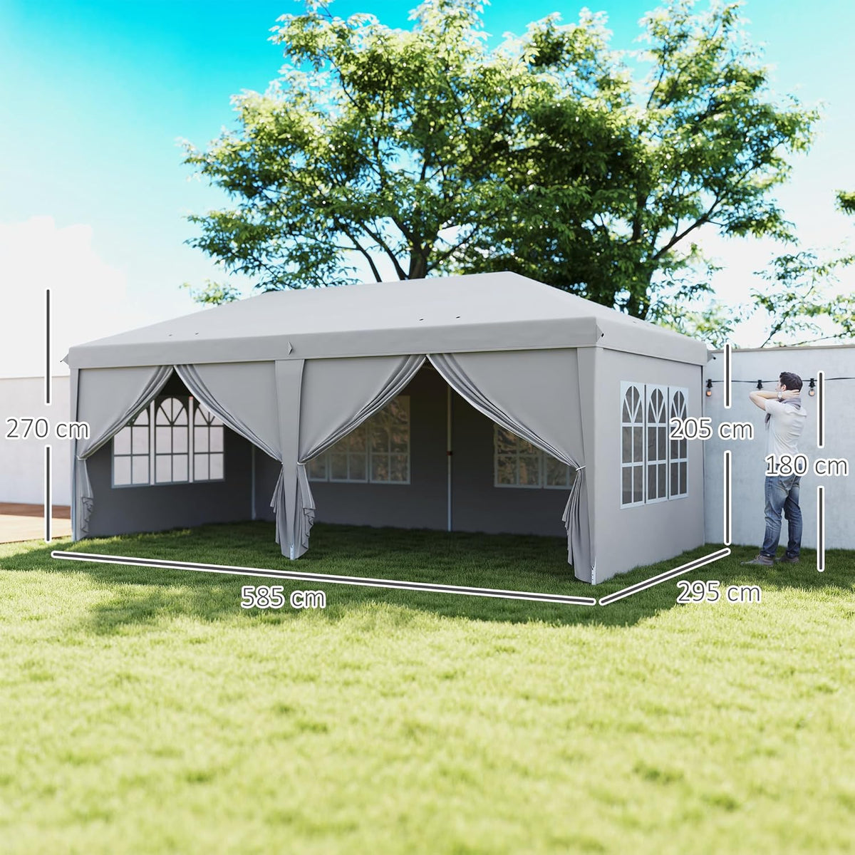 Outsunny Garden Gazebo Foldable 6 x 3 m Outdoor Gazebo Foldable Waterproof 4 Removable Side Walls 4 Windows + Carry Bag Light Grey