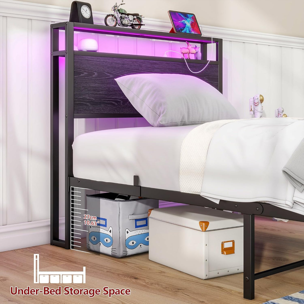 HOJINLINERO Bedframe van metaal, hout, bedframe van metaal, 90 x 200 cm met lattenbodem en USB-oplaadfunctie/led, eenpersoonsbed, logeerbed, tienerbed, 90 x 200 cm, met opbergruimte hoofdeinde