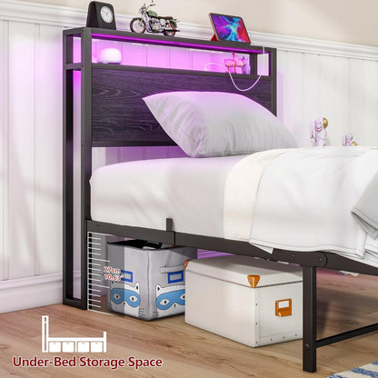 HOJINLINERO Bedframe van metaal, hout, bedframe van metaal, 90 x 200 cm met lattenbodem en USB-oplaadfunctie/led, eenpersoonsbed, logeerbed, tienerbed, 90 x 200 cm, met opbergruimte hoofdeinde