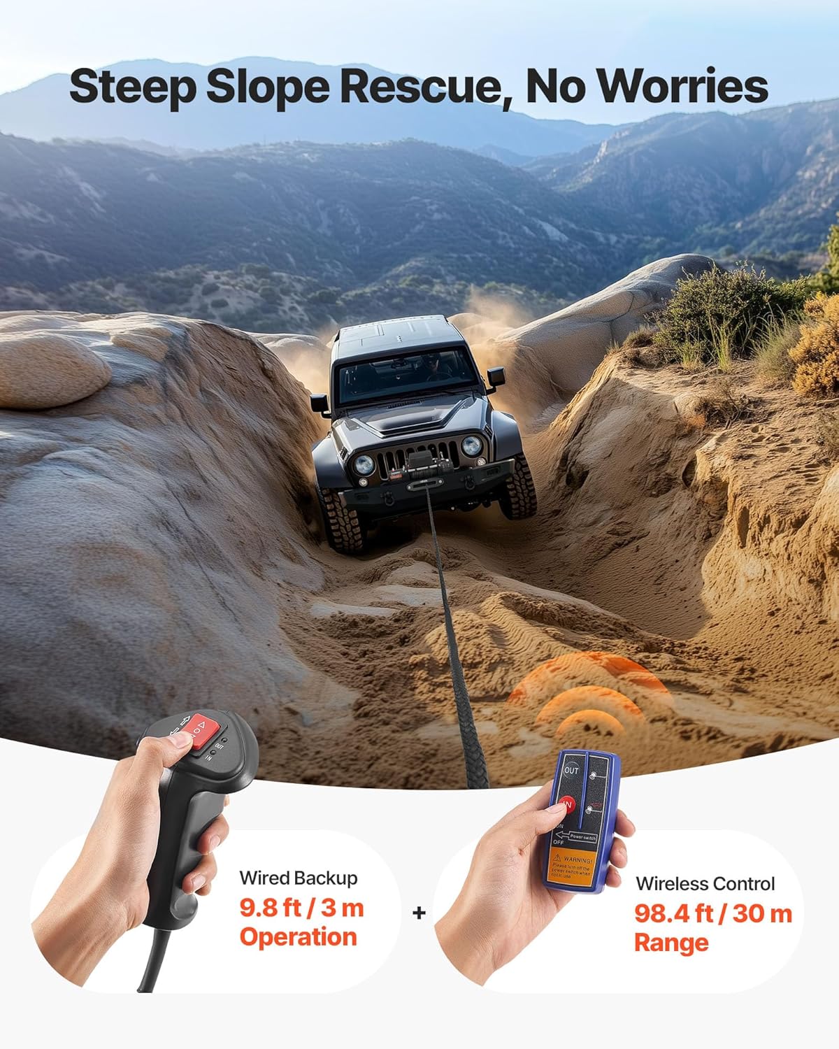 VEVOR Electric Winch Load 6100 kg for 12V DC Truck with Steel Cable Diameter 9.5 mm x 26 m, Wireless and Wired Remote Control, IP55 Waterproof for Towing SUVs, Jeeps