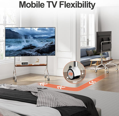 Mobiele tv-kar – Verrijdbare tv-standaard, rollende tv-standaard, tv-wagen, tv-standaard met wielen – Voor 32-75 inch LCD LED OLED flatpanel schermen – Roestvrij staal met vergrendelbare wielen en enkellaags houten opbergplank