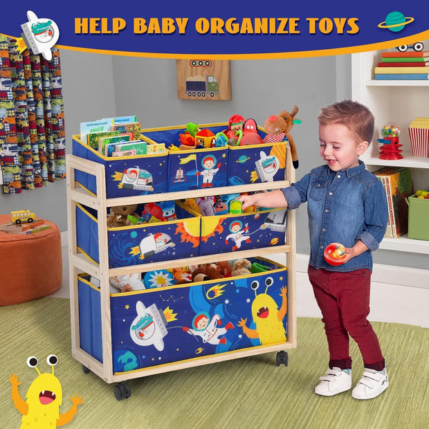 Opbergkast - Speelgoed Opbergbank - Kinderkast - 3-Tier Houten Opbergrek - 6 Afneembare Opbergbakken - met Wielen - Toy Storage - voor Binnen - Speelkamer - 64 x 28 x 60 cm - Blauw