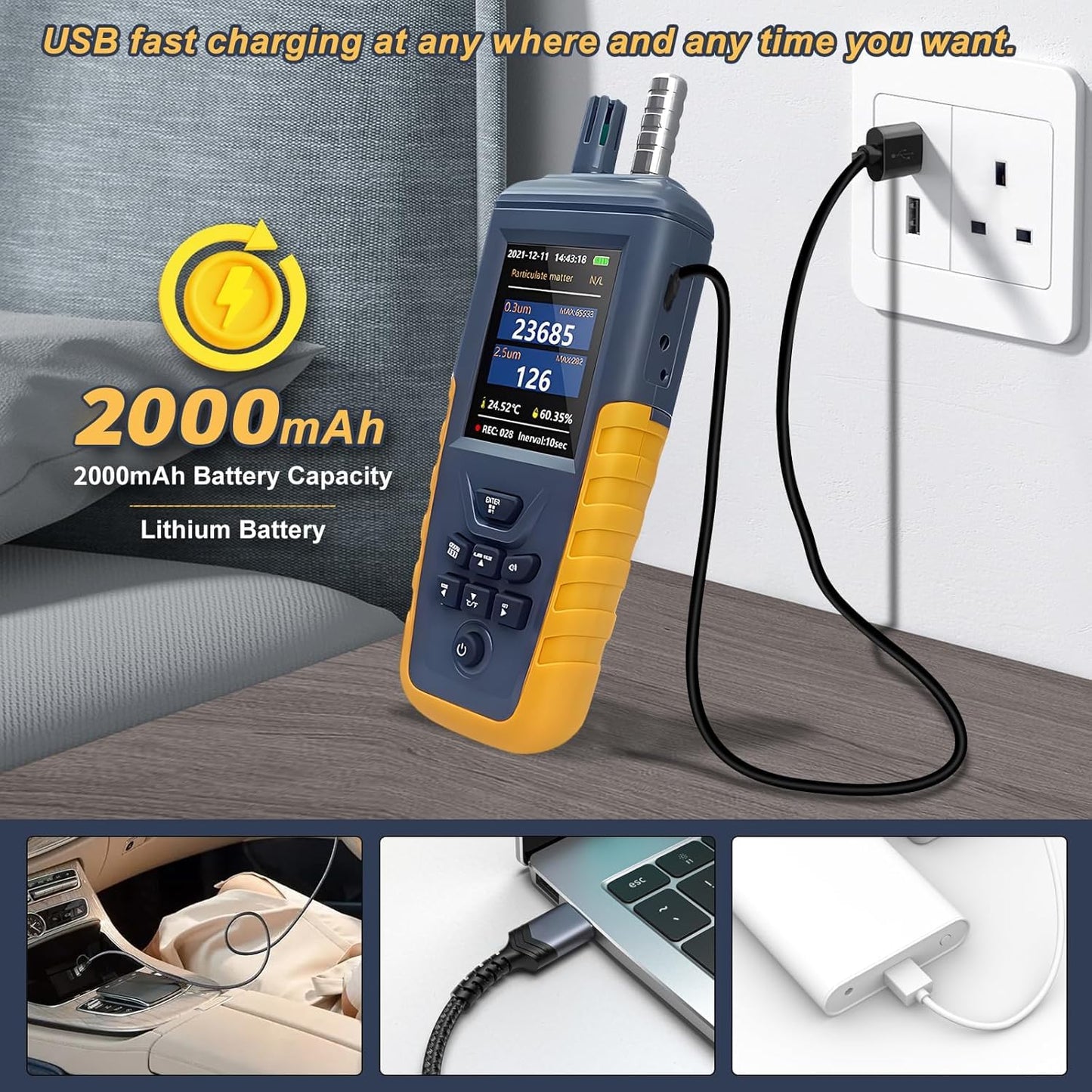 Luchtkwaliteitsmonitor, CO2 Meter PM0.3/2.5/10um Deeltjesmonitor, zeer Gevoelige 3-Kanaals 0~1000μg/m³USB Oplaadbare Temperatuur- en Vochtigheidsmonitor