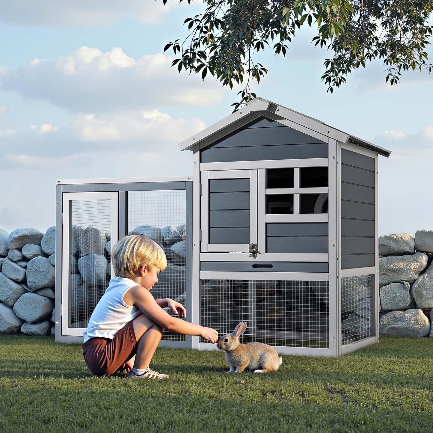 Rabbit Hutch with Free Walking Space - Grey - Raised Shelter - Made of Spruce Rabbit Cage - QUORE