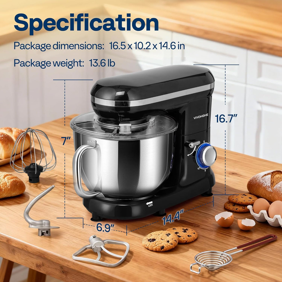 VIVOHOME Keukenmachine 5,7L Kneedmachine1500W met 10 Snelheden, Pulsfunctie, Deegmachine met Spatbescherming, Roermachine met Kneedhaak, Garde en Eigeelscheider Zwart