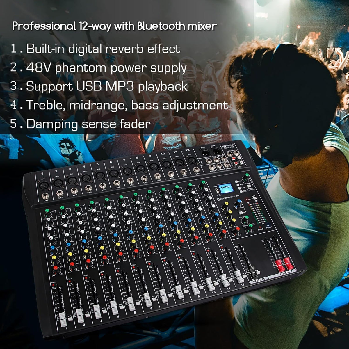 12-Kanaals Audiomixer – Mengpaneel – DJ-Mixer – Mengtafel – Muziekmixer – Bluetooth Draadloos Streamen – +48V Fantoomvoeding