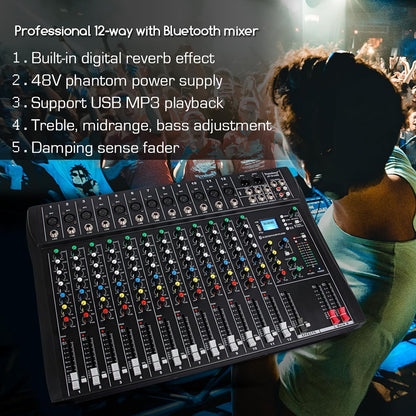 12-Kanaals Audiomixer – Mengpaneel – DJ-Mixer – Mengtafel – Muziekmixer – Bluetooth Draadloos Streamen – +48V Fantoomvoeding