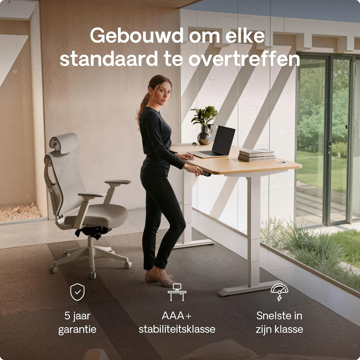 Desktronic HomePro Desk - Height Adjustable 120 x 60 cm - Fast Twin-Motor Sit-Stand Desk - Very Stable Electric Standing Desk - Made of One Piece Bamboo Table Top - Touch Screen Control - QUORE