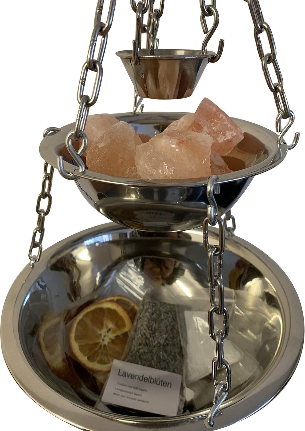Sauna ceremonie: aroma's incl. verdamper schaal van roestvrij staal - geschikt voor elke saunakachel - 3 schalen voor infusie, mentholkristallen, kristalzout! Grootte: Midi incl. accessoires, patroon: