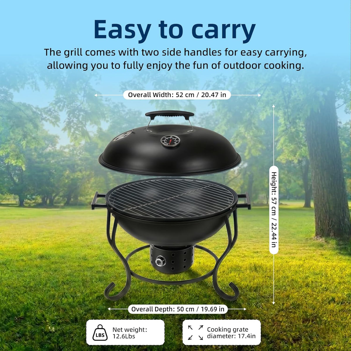 Houtskoolgrill met instelbare ventilator, 45,7 cm (45,7 cm), draagbare campinggrill, gemakkelijk aan te steken houtskool, kleine tafelgrill, campinggrill met deksel, voor tuin, camping, tailgates