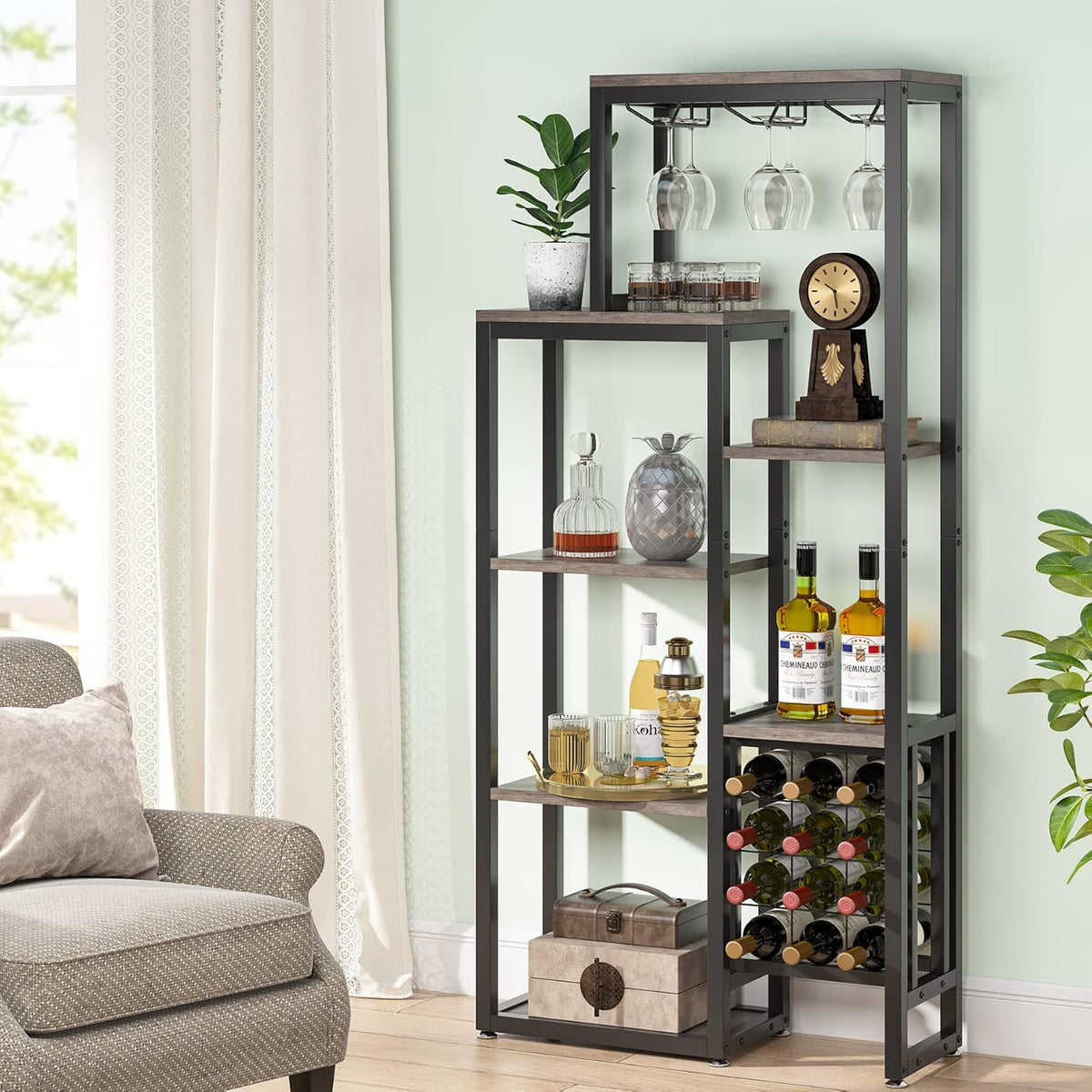 Tribesigns 2 Pcs Freestanding Floor Wine Rack - 5 Tier Wine Display Shelf with Glass Holder and Storage, Industrial Bar Cabinet for Kitchen, Dining Room (Rustic Gray)