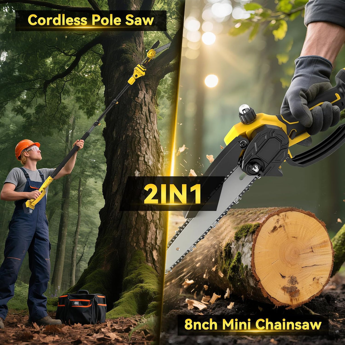2-in-1 elektrische stangzaag, 8 inch, mini-kettingzaag, draadloos, compatibel met Dewalt 20 V batterij met 2,5 m telescoop, borstelloze kettingzaag voor boomsnoeien, tuinverzorging (zonder accu)