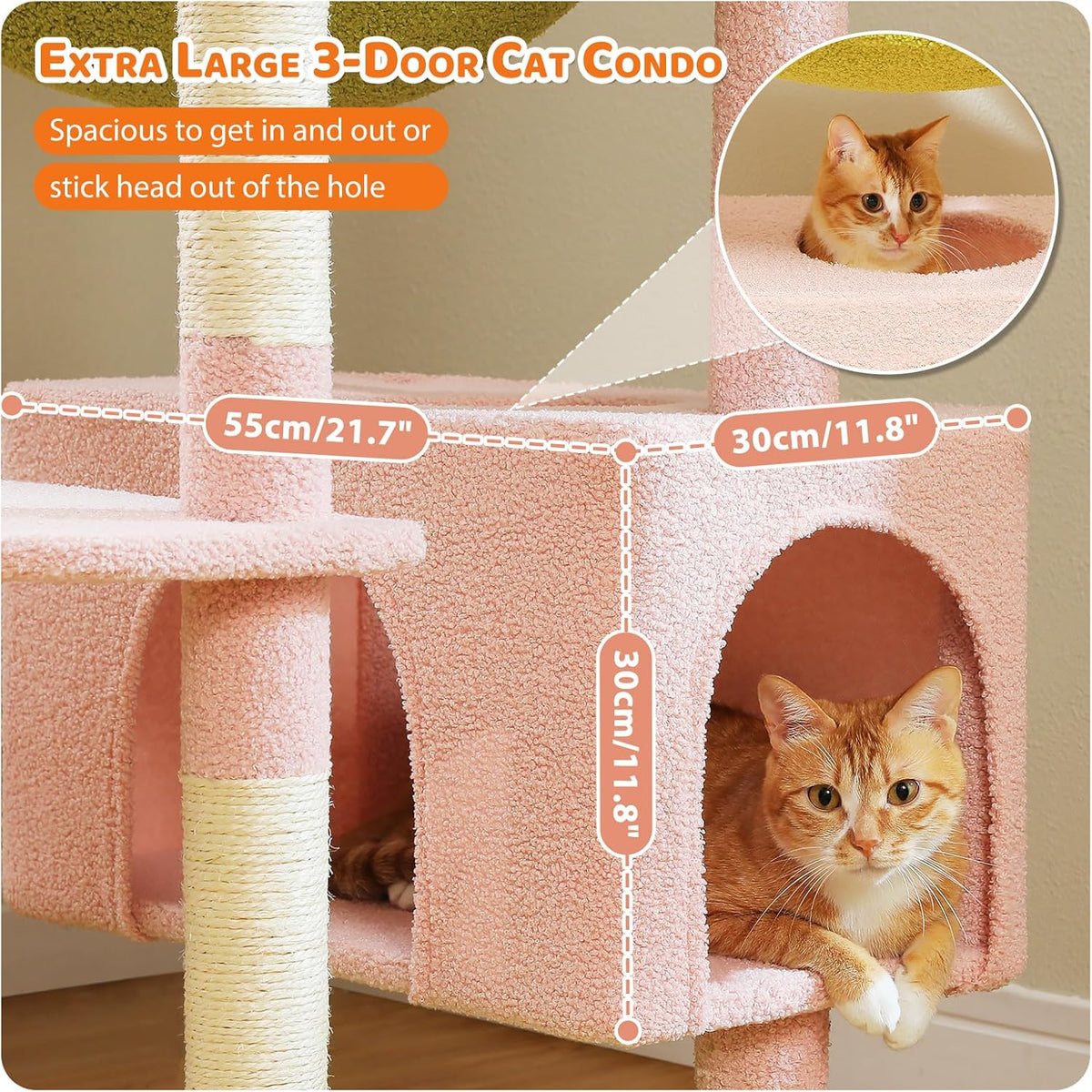 PAWZ Road Scratching Post for Large Cats, Stable, 205 cm High with Hammock, 7 Sisal Posts, Large Sitting Pole, Caves, Baskets for Indoor Cats, Pink - QUORE
