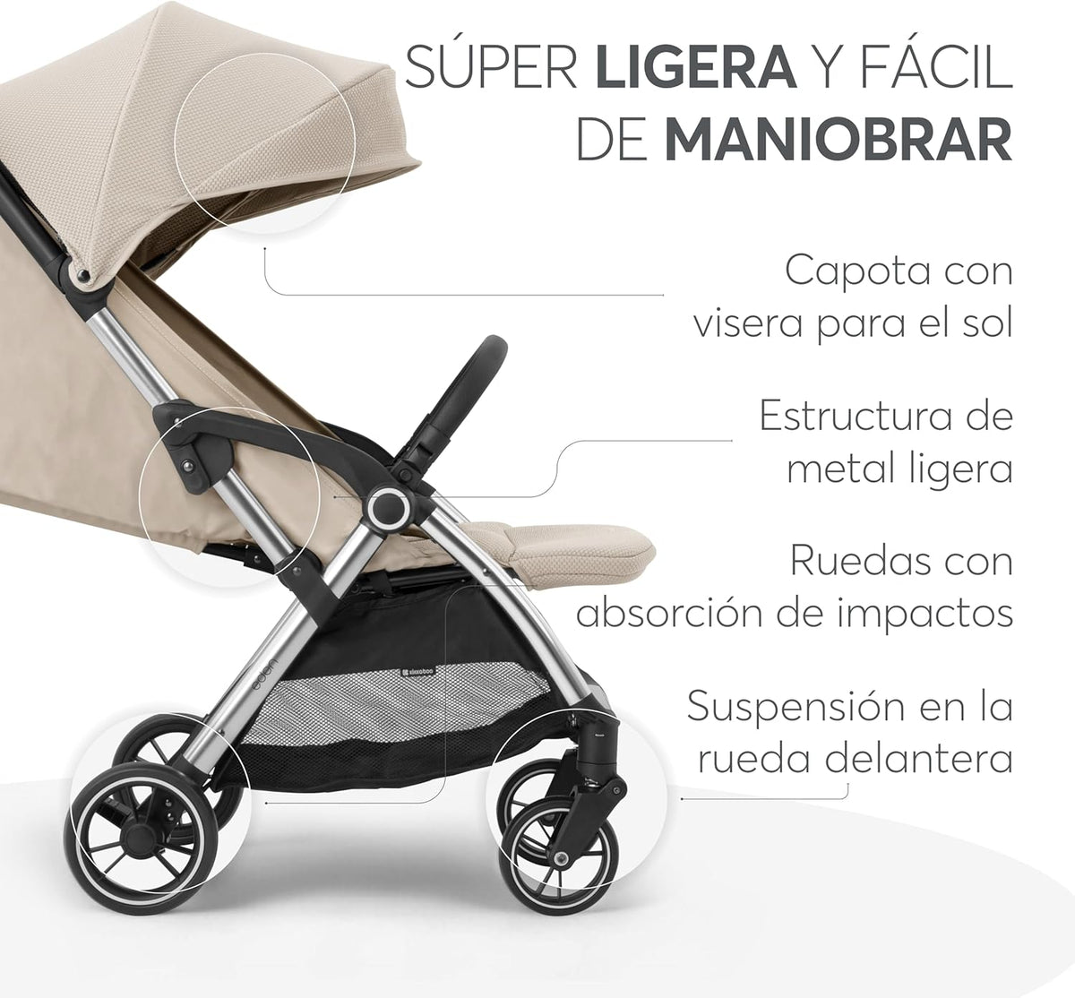 KikkaBoo EDEN Buggy, kinderwagen tot 22 kg, automatisch vouwen, kantelpositie, ultralicht, compact, beige