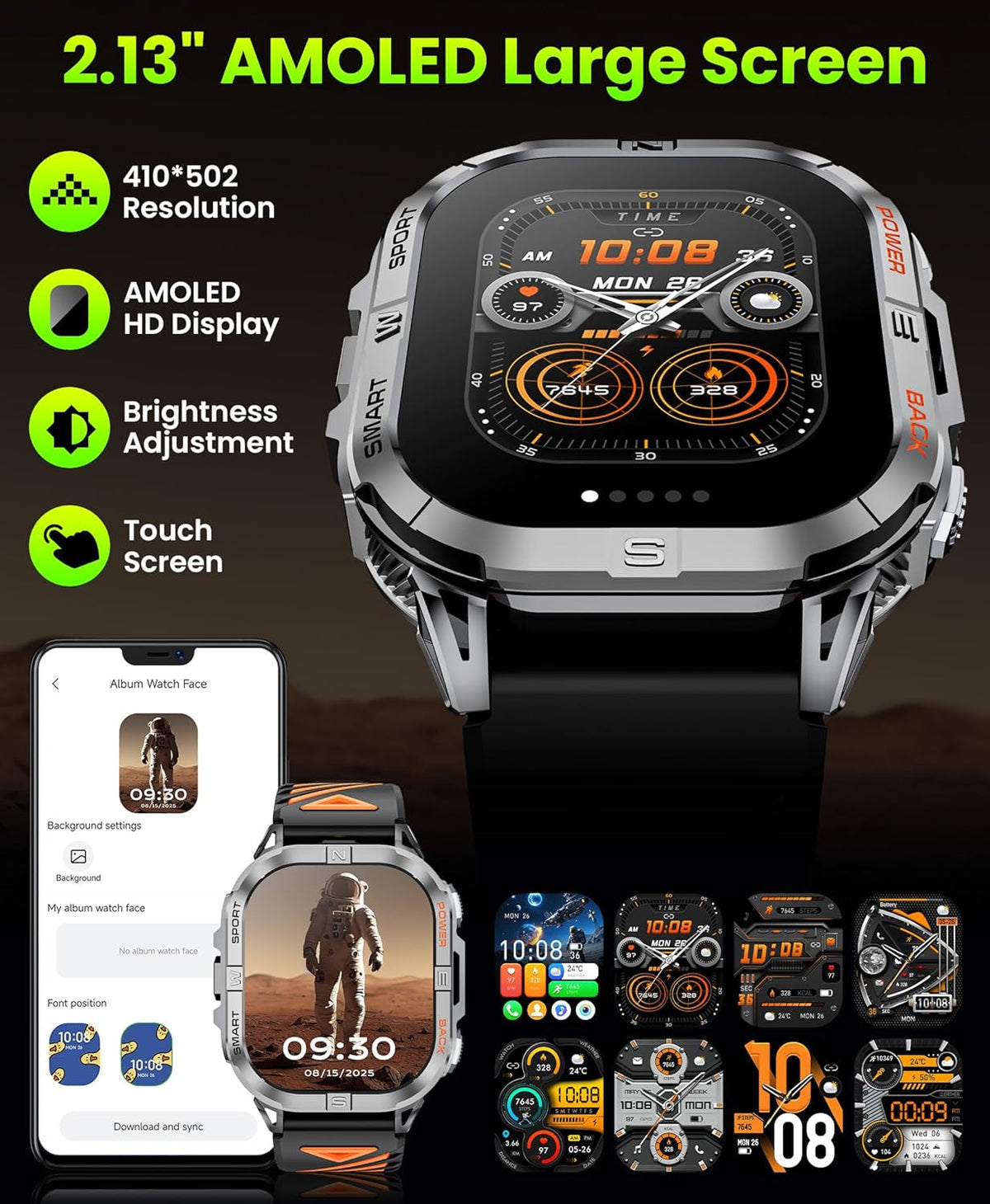 Militair smartwatch voor heren, robuust GPS-horloge met LED-zaklampkompas, 2,15 inch AMOLED slimme horloges (oproepen beantwoorden/bellen), 3ATM waterdichte fitnesstracker met hartslag/slaap voor
