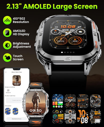 Militair smartwatch voor heren, robuust GPS-horloge met LED-zaklampkompas, 2,15 inch AMOLED slimme horloges (oproepen beantwoorden/bellen), 3ATM waterdichte fitnesstracker met hartslag/slaap voor