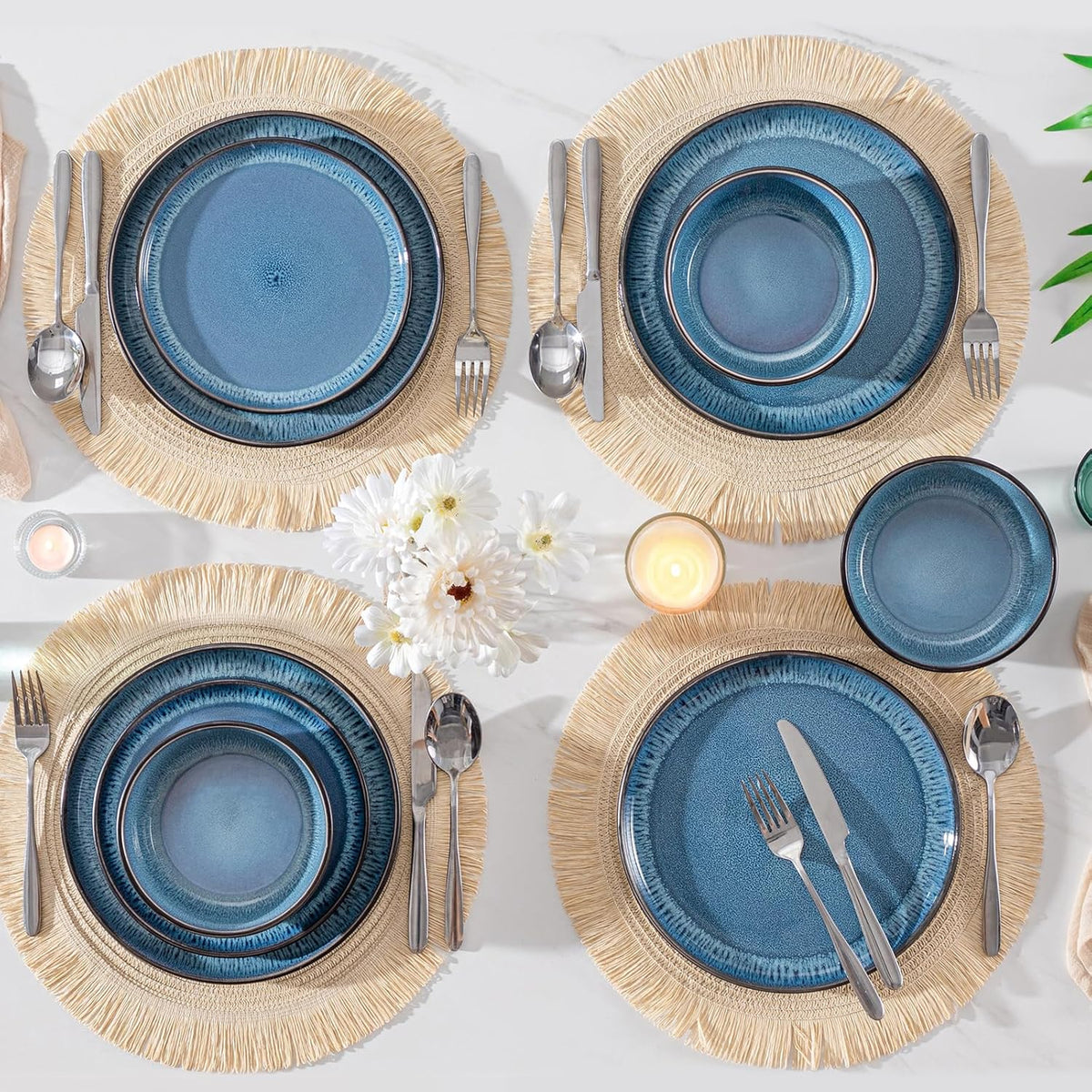 vancasso PLAYA Tafelservies voor 6 personen, modern servies, 18 delen van aardewerk, 6 platte borden, dessertborden en kommen, vaatwasmachinebestendig, reactief geëmailleerd, blauw