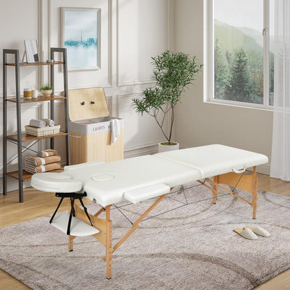 Meerveil Massagetafel, inklapbaar, 2 secties, inklapbaar, van PU en hout, met afneembare hoofdsteun, met transporttas en accessoires (wit), 198 x 60 x 81 cm