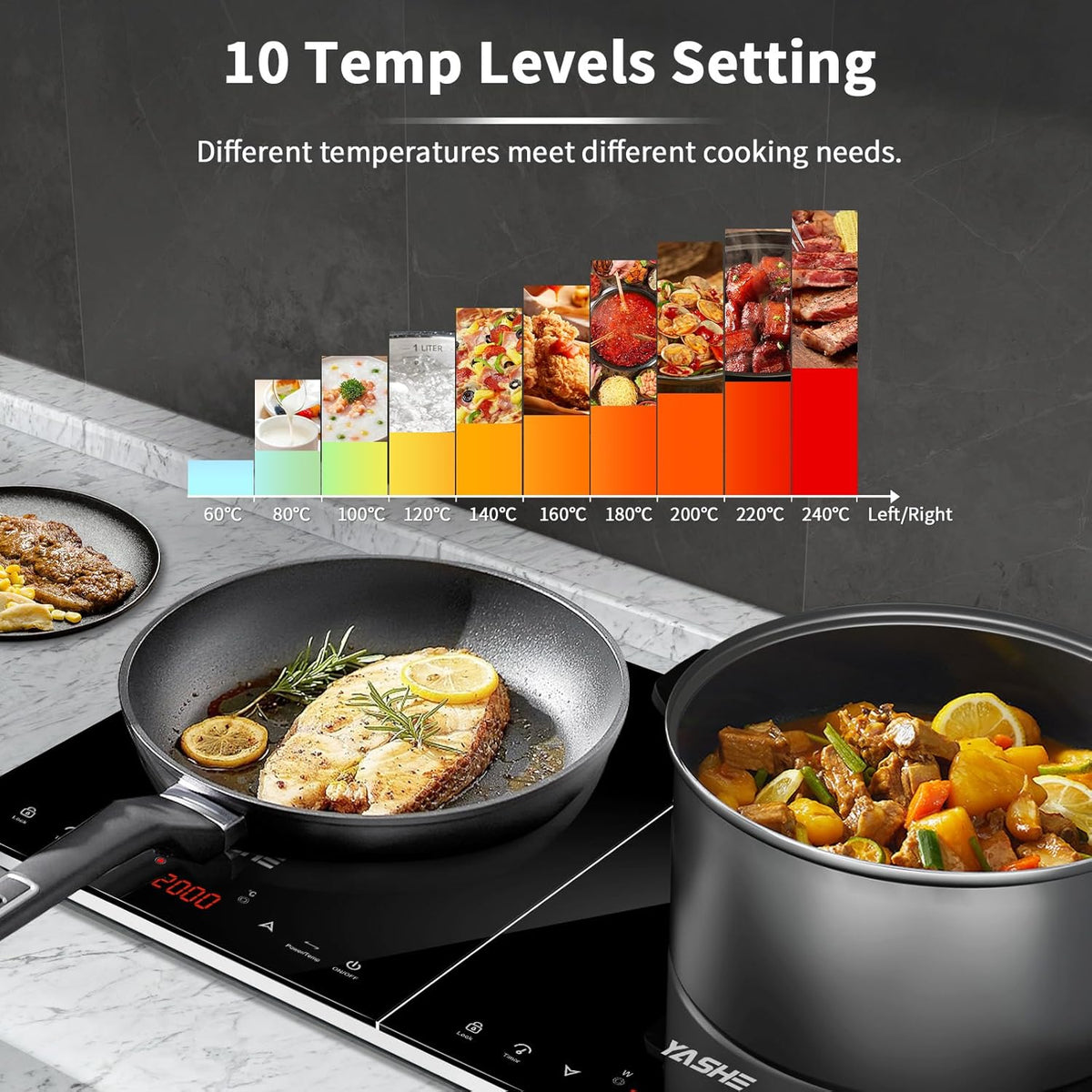YASHE Inductie 2 Schijven - 2-pits inductiekookplaat, 10 vermogens en 10 temperatuurstanden (60-240°C), 3500 Watt inductie 2 schijven, 4 uur timer, kinderslot, eenvoudig te reinigen