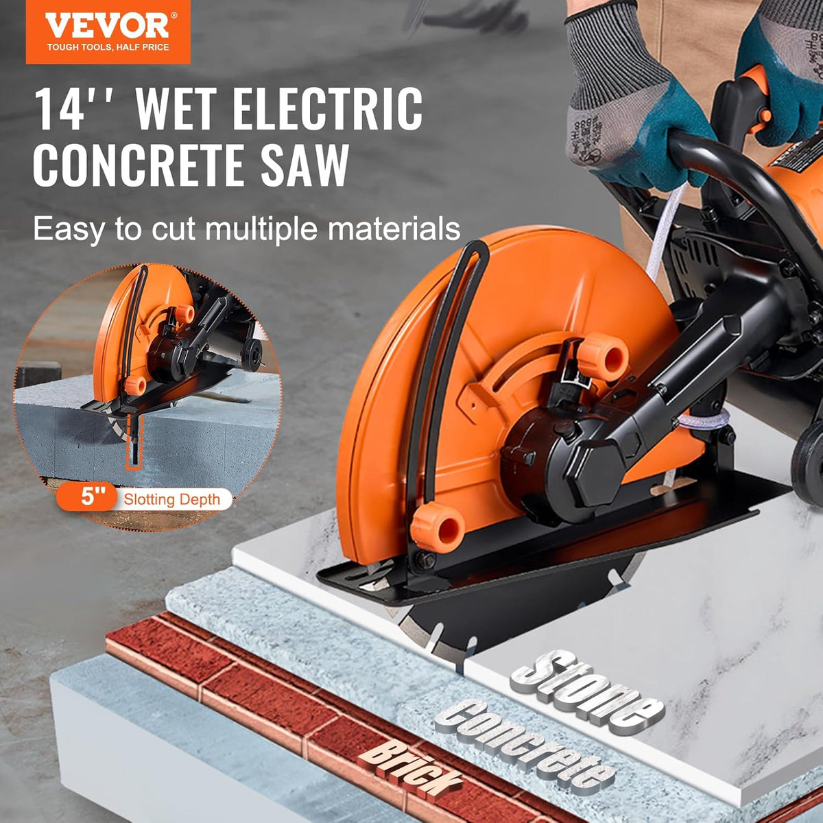 VEVOR Electric Concrete Saw, 356 mm, Powerful Circular Saw 2800 W, Cutting Depth 127 mm, Wet/Dry Disc Saw with Water Tube, Water Pump, Saw Blade, for Stone and Brick