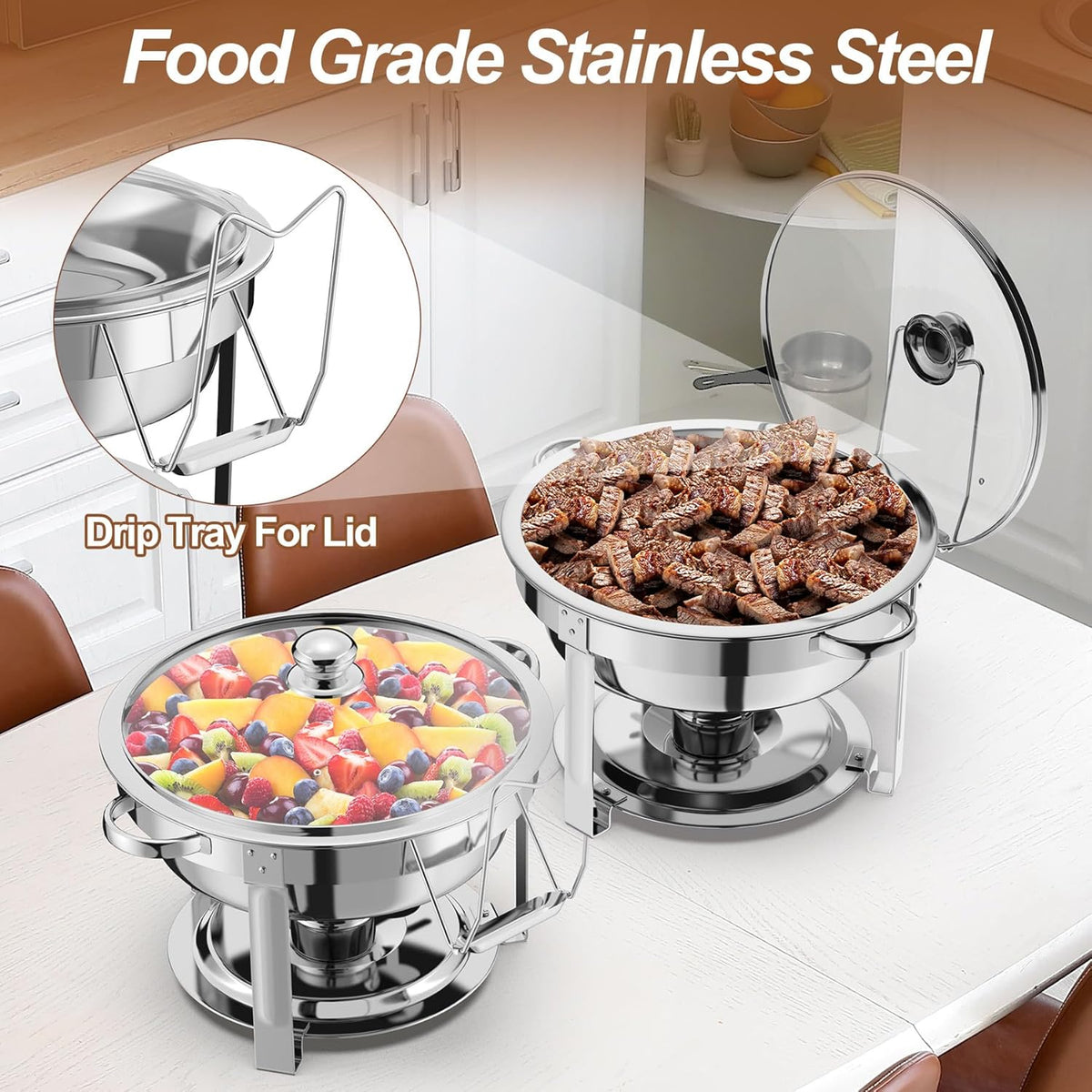NArra 4-pack ronde 7,5 l Chafing Dish Buffet Set, voedselwarmer met glazen deksel, buffet warmer, roestvrij stalen buffet serveerborden, dikke catering hot pot voor feesten, bruiloften, picknicks