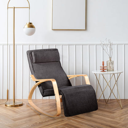 WeHome Swing Amor Schommelstoel met armleuningen van hout, Rocking Chair, schommelstoel met verstelbare voetensteun, woonkamerstoel, slaapkamerstoel (stof, donkergrijs)