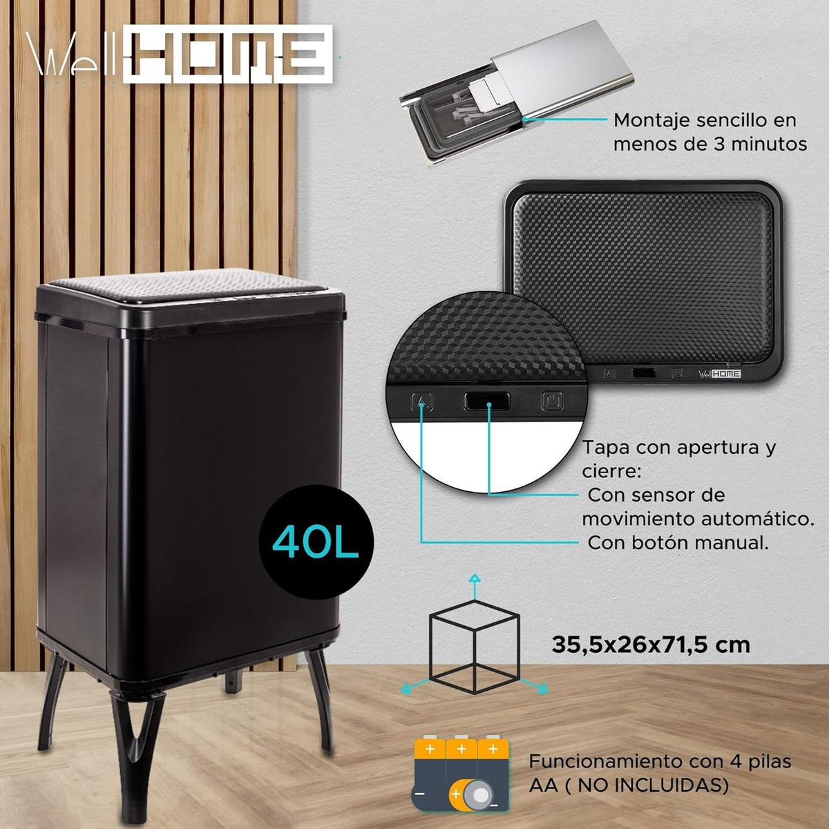 WELL HOME MOBILIARIO & DECORACIÓN 2 x Smart vuilnisemmer, 40 l, hoogte: 71,5 x 35,5 x 26 cm, zwart met magnetische etiketten