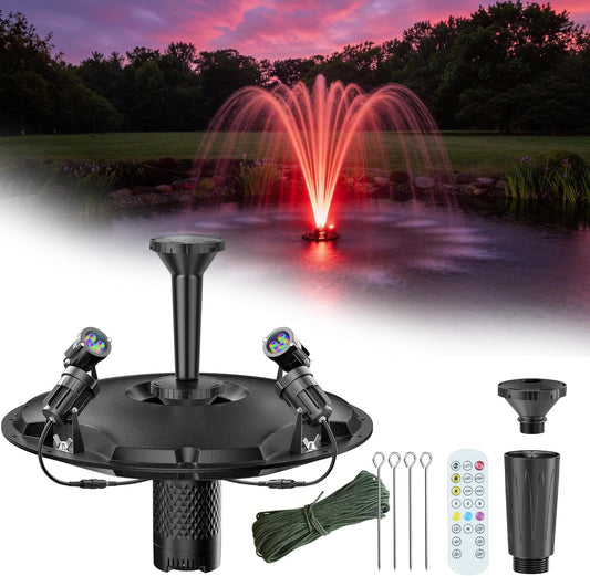 POPOSOAP Drijvende vijverfontein en beluchter, complete set met ledlampen, 4600 l/u waterpomp, 9 m netsnoer, 3 sproeivarianten voor vijvers, zwembaden, meren en watertuinen