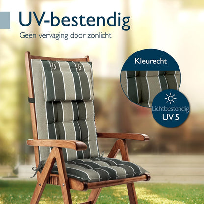 Beautissu Set van 4 Premium Hoge Rugleuning Kussen met Hoofdkussen 120x50 cm Sun-HL – UV-bestendig & 8cm Dik Kussen Tuinstoelkussen Antislip Bevestigingsbanden – Stevige Stof Groen Gestreept