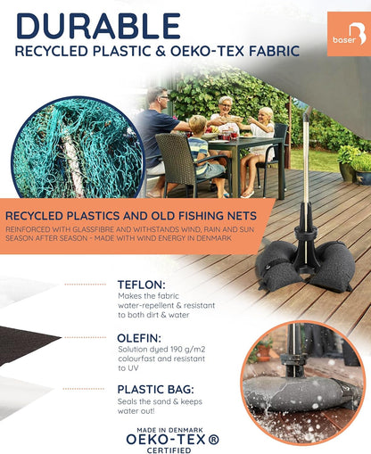BASER Heavy Duty Parasolvoet Parasolstandaard – Vulbare Zandzakken tot 50kg voor Parasol tot 3,5m – Gerecyclede Parasolhouder voor 38-58mm Mast, Zwart