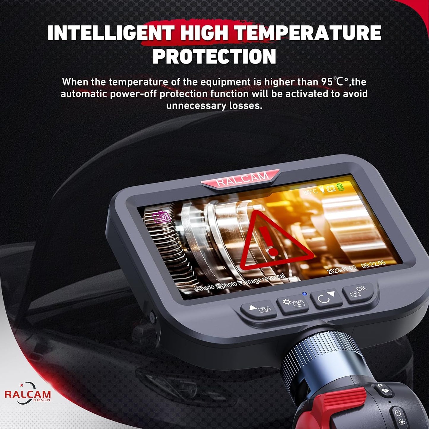 Ralcam Endoskopkamera mit Licht Endoscope Camera - Endoskop 6,2mm Inspektionskamera 4,3" HD 720P Rohrkamera, Kameras mit 6 LED, IP67 Wasserdicht 2M Halbstarre Kabel Teleskopkamera Kfz Werkzeug