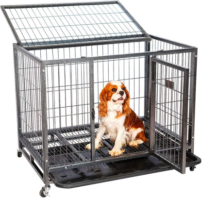 Hondenkooi voor binnen en buiten, 94 x 64 x 76 cm, transportbox, afsluitbare wielen, opvouwbaar, 2 deuren, afneembaar dienblad Paitsy