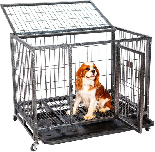 Hondenkooi voor binnen en buiten, 94 x 64 x 76 cm, transportbox, afsluitbare wielen, opvouwbaar, 2 deuren, afneembaar dienblad Paitsy