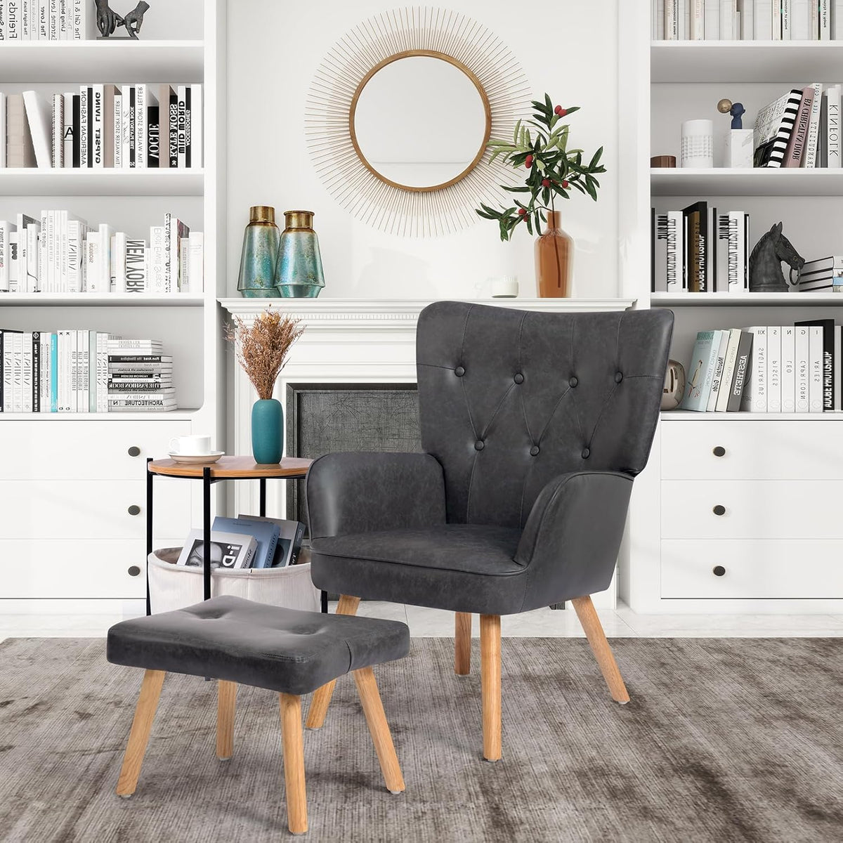 HollyHOME Comfortable Armchair with Footstool Living Room Chair Cozy Relaxing Arm Chairs PU Leather Accent Chairs Reading Chair Bedroom, Black - QUORE