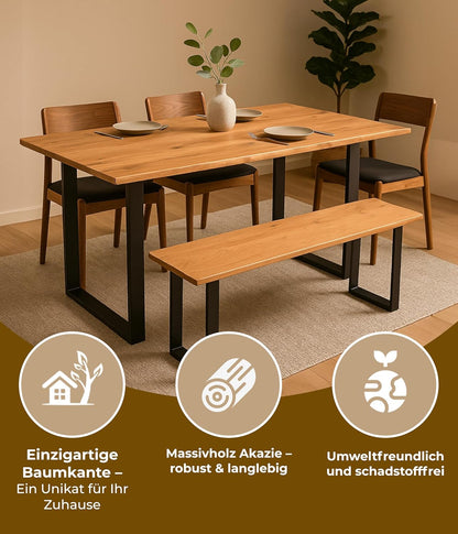 Eetkamerbank 140x40x45 cm – massief houten zitbank eetkamer van acaciahout met U-frame – echte boomrand, natuurlijke kleuren – handgemaakt & robuust – incl. levering op de gewenste plaats