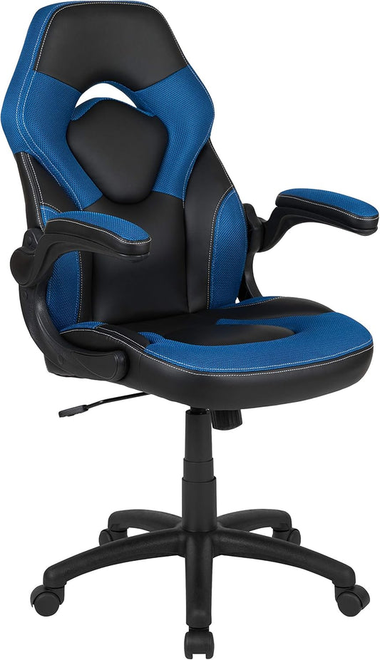 Flash Furniture X10 Gamingstoel, ergonomische bureaustoel voor pc- en gaming-setups, verstelbare gamerstoel met rugsteun, LeatherSoft, blauw/zwart - QUORE