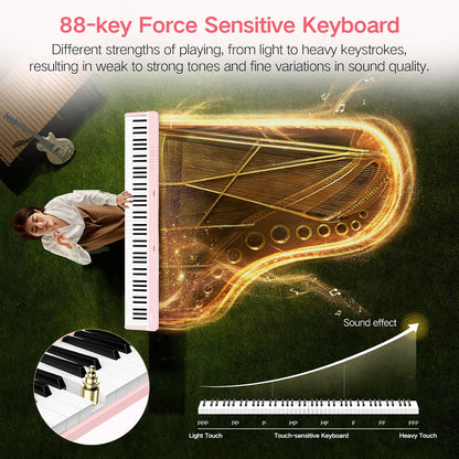 E-piano 88 toetsen – Keyboard Piano – Digitale Piano – Elektrische Piano – Opvouwbare Piano – Roze – Opvouwbaar Ontwerp – Bluetooth En Opnamefunctie