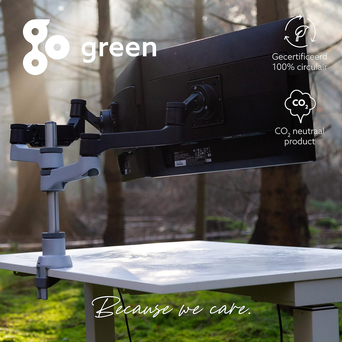R-Go Tools Zepher 4 C2 Twin monitor arm, Dubbele VESA-monitorstandaard in Alunimium, Bureaubevestiging, Verstelbaar, 0-8 kg Draagvermogen, 100% Circulair, Mat zilver, Dubbele beugel