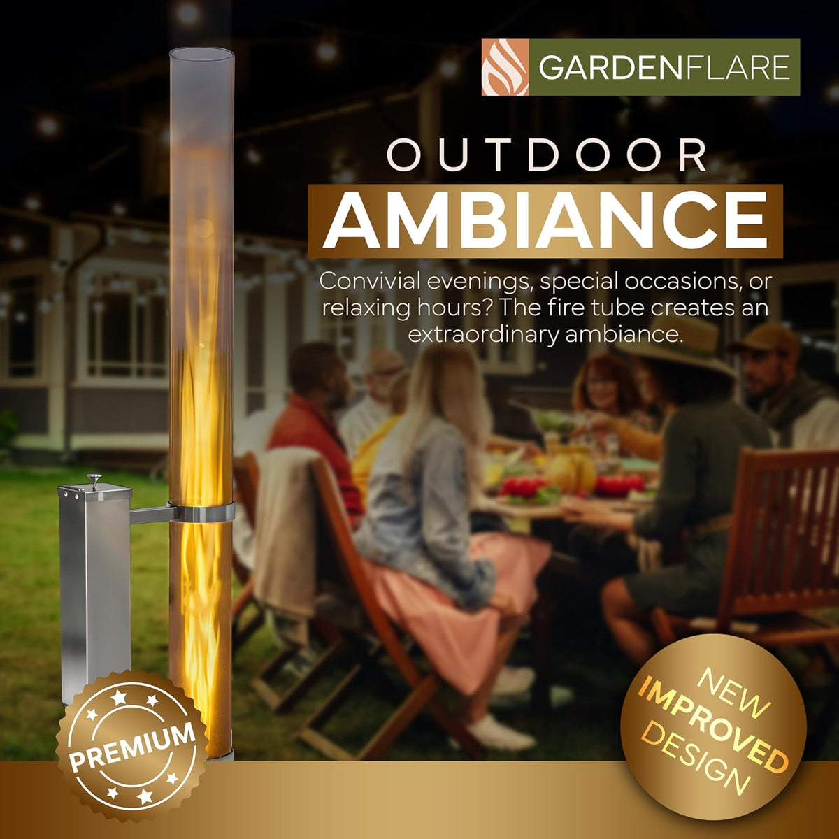 GARDENFLARE Premium vuurkorf - grote roestvrijstalen pelletzaklamp met vlam tot 1,5 m en reinigingsborstel inbegrepen, vuurkolom voor tuin en terras, je duurzame buitensfeervuur (zilver)