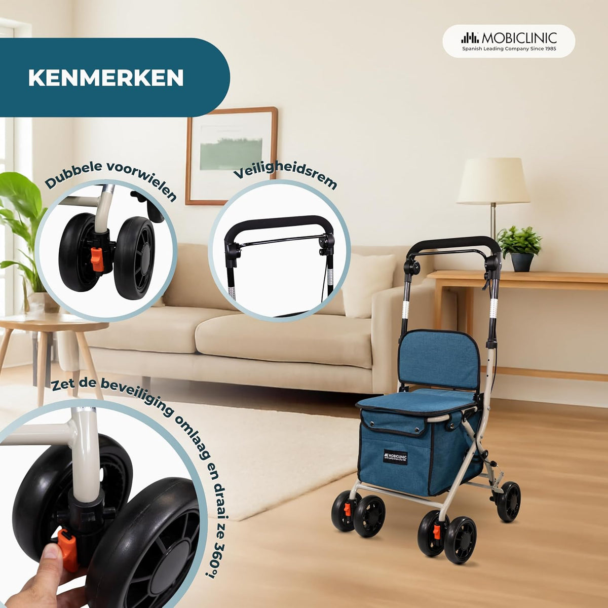 Mobiclinic®, Opvouwbare Rollator, Boodschappenkar met Zitting, Coliseum, Enkele Hendel, Staal, Grote Mand, Rugleuning en Vulling, Remsysteem, 360º Wielen