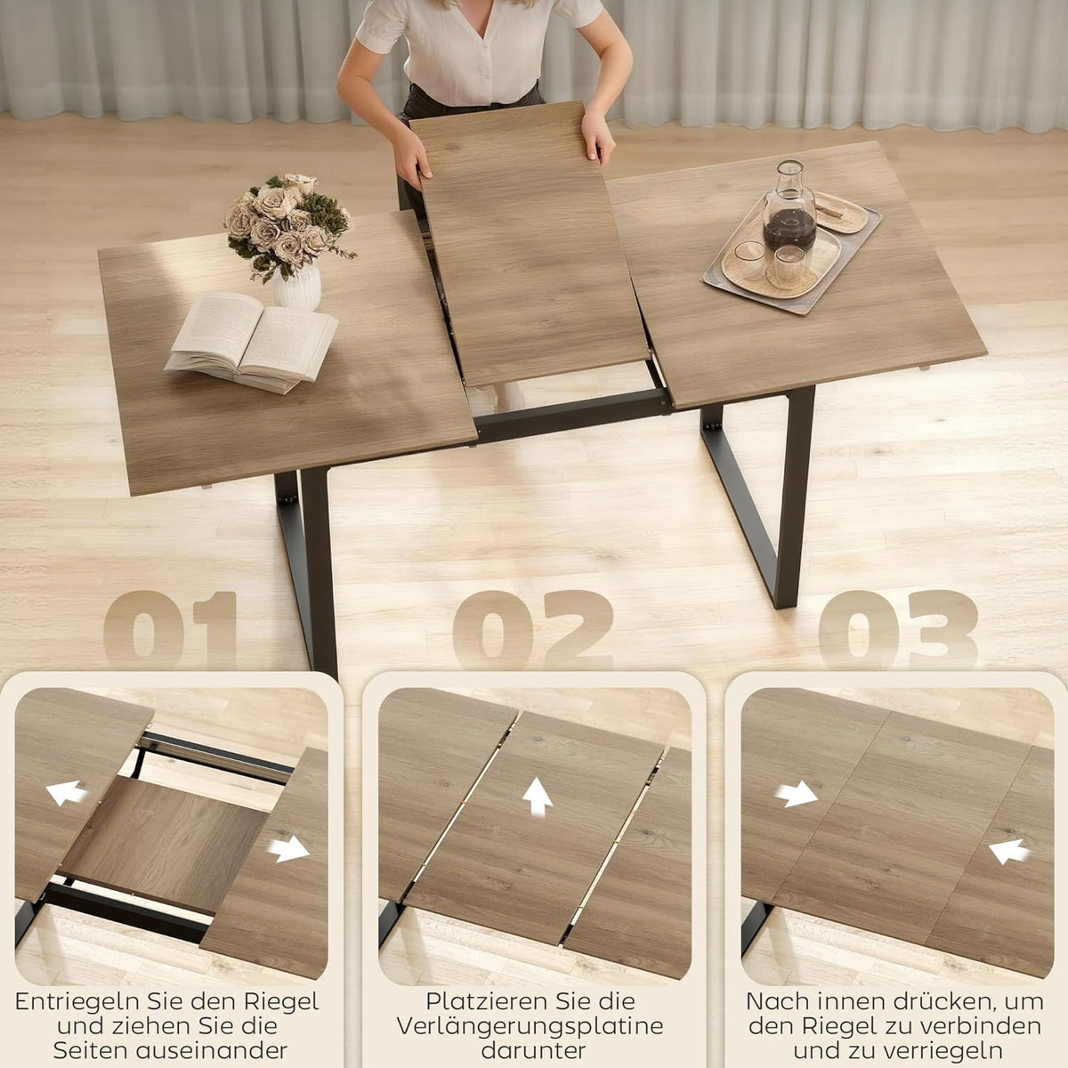 HOMCOM Uitschuifbare Eettafel 140/180 x 80 cm Eettafel met Stalen Poten Rechthoekige Keukentafel voor 6-8 Personen voor Keuken, Eetkamer, Natuur