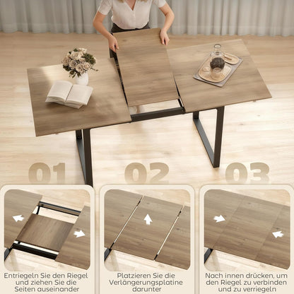 HOMCOM Uitschuifbare Eettafel 140/180 x 80 cm Eettafel met Stalen Poten Rechthoekige Keukentafel voor 6-8 Personen voor Keuken, Eetkamer, Natuur