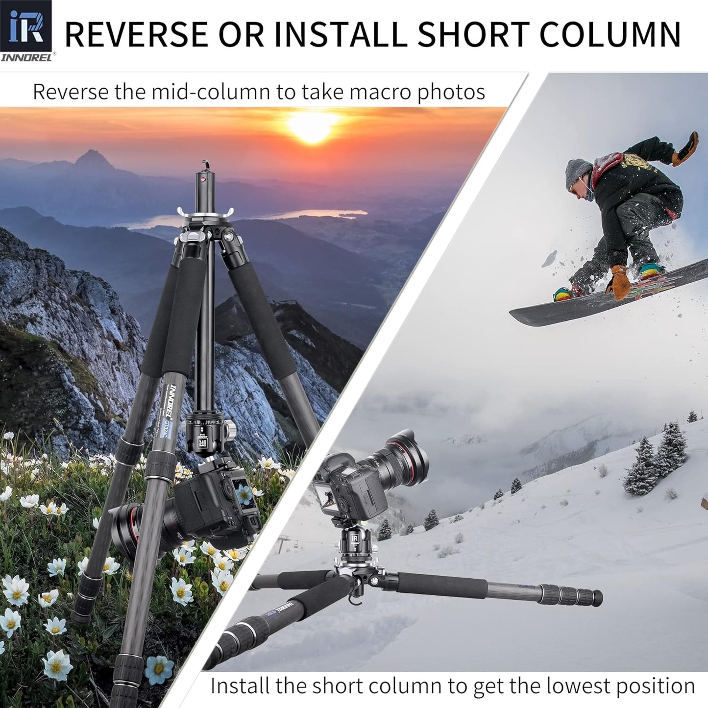 Koolstofvezel Statief - INNOREL GT324C Professionele Compact Statief voor Digitale Reflex Camera Robuuste Ondersteuning met Laag Zwaartekracht Centrale Kolom Speciaal Vorm