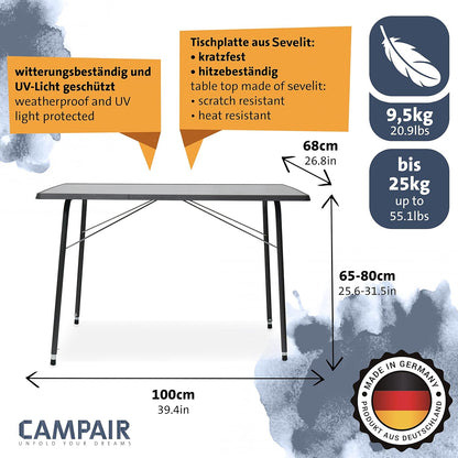 CampAir Campingmeubelset voor 4 personen, 5-delige campingset, in hoogte verstelbare campingtafel met 4 klapstoelen